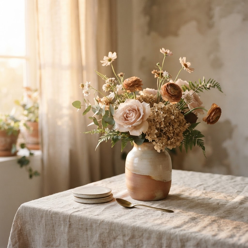 Flowers in a warm ceramic vase on a linen surface