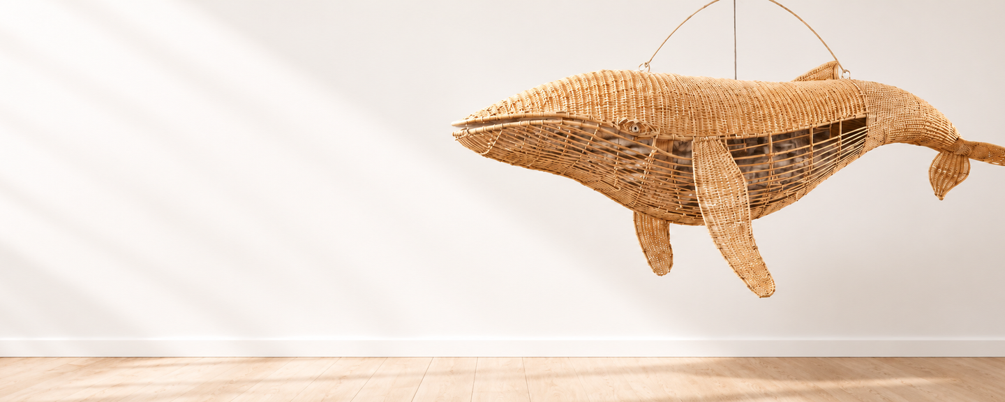 Escultura de ballena tejida en mimbre