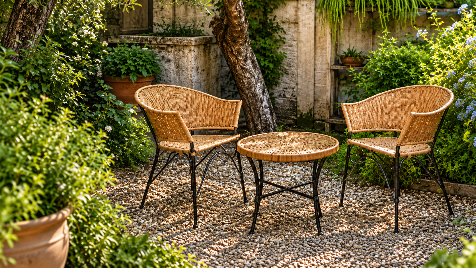 Conjunto de mimbre en un jardín