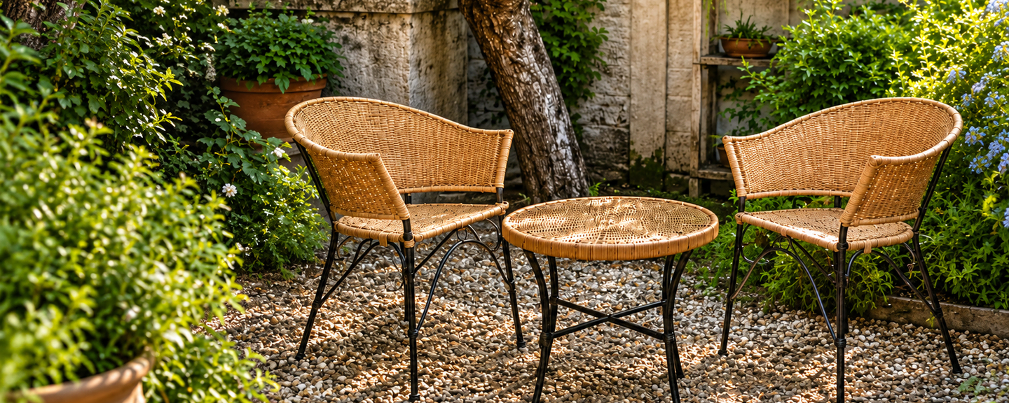 Conjunto de muebles de mimbre en una terraza