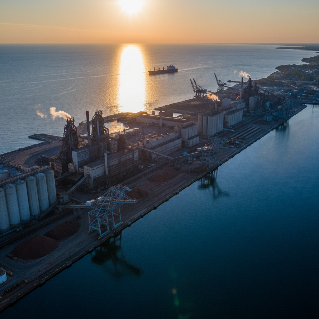 Great Lakes industrial waterfront at dawn
