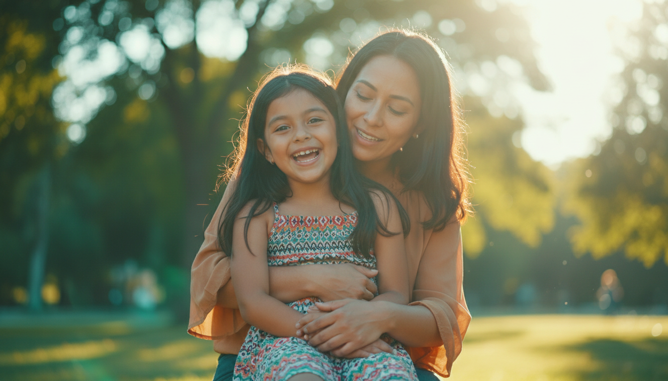 Mother and daughter smiling in a sunny park