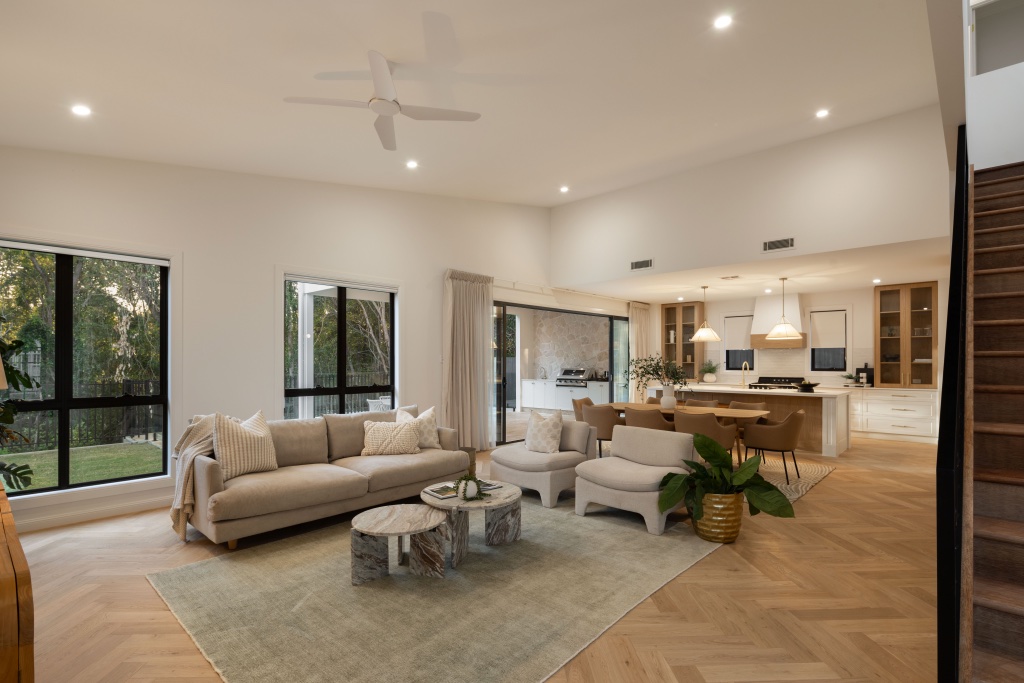 Spacious open-plan Brisbane family home interior with garden views