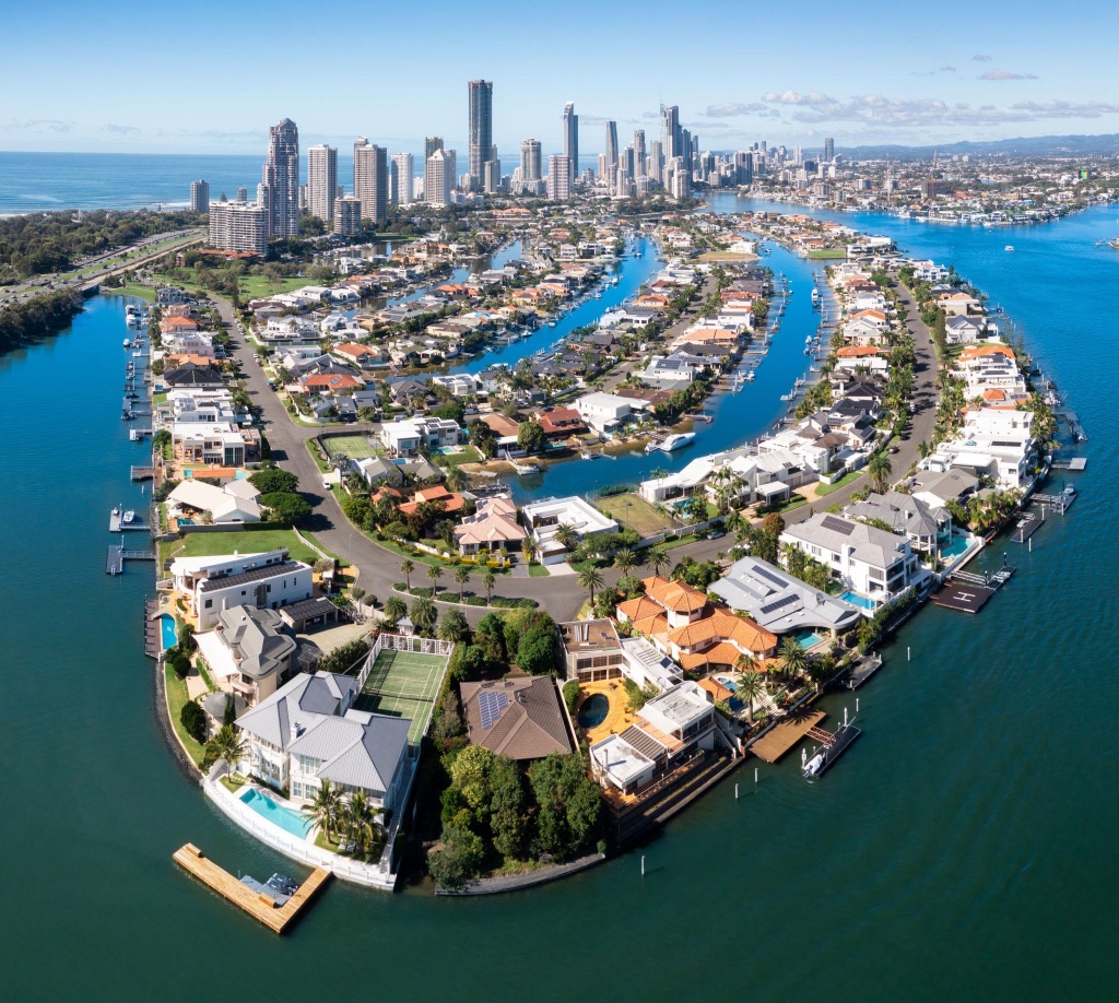 Gold Coast canal estates aerial with city skyline