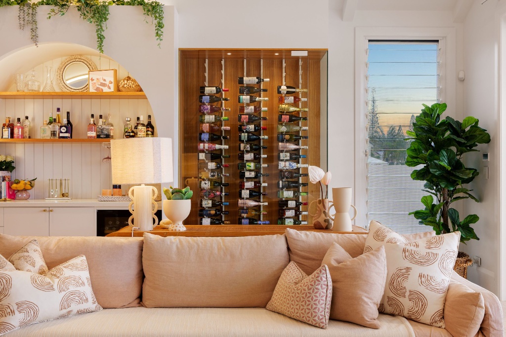 Seahaven Court — bespoke wine wall and living room