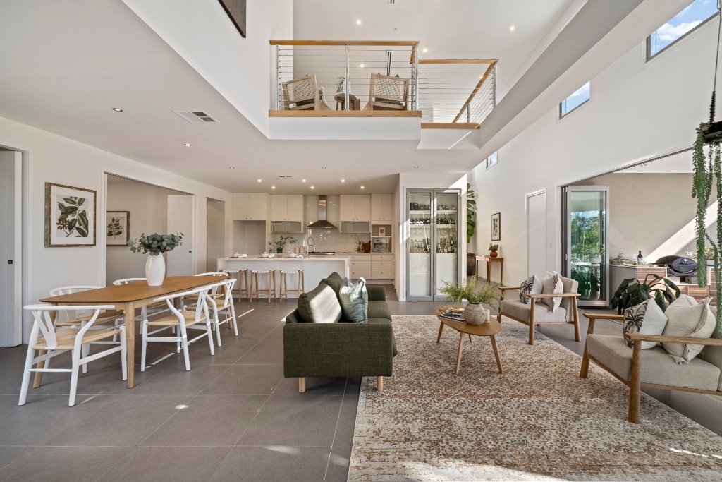 Resort residence — open plan living, dining and kitchen with mezzanine
