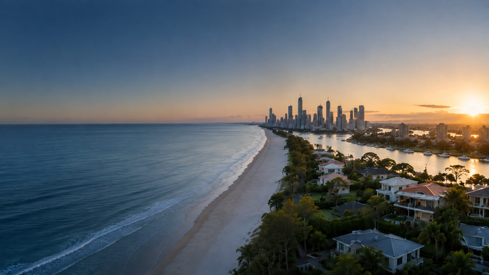 Aerial panorama of a South East Queensland coastline at golden hour — sandy beach, prestige residences along a calm waterway, and a city skyline under a wide Australian sky