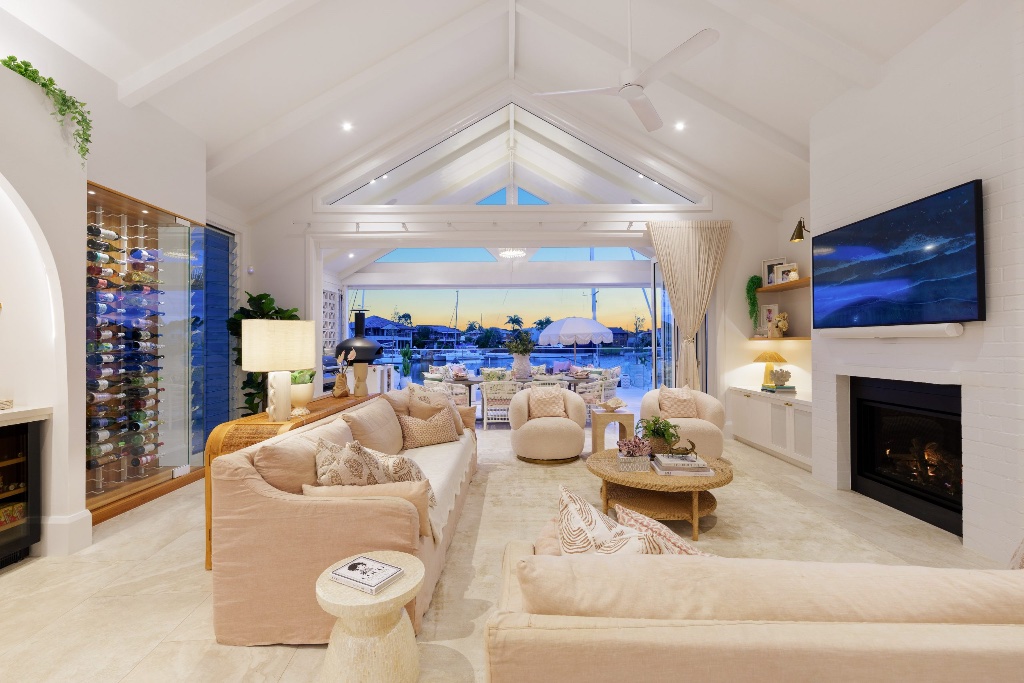 Seahaven Court — main living room with wine wall and marina outlook