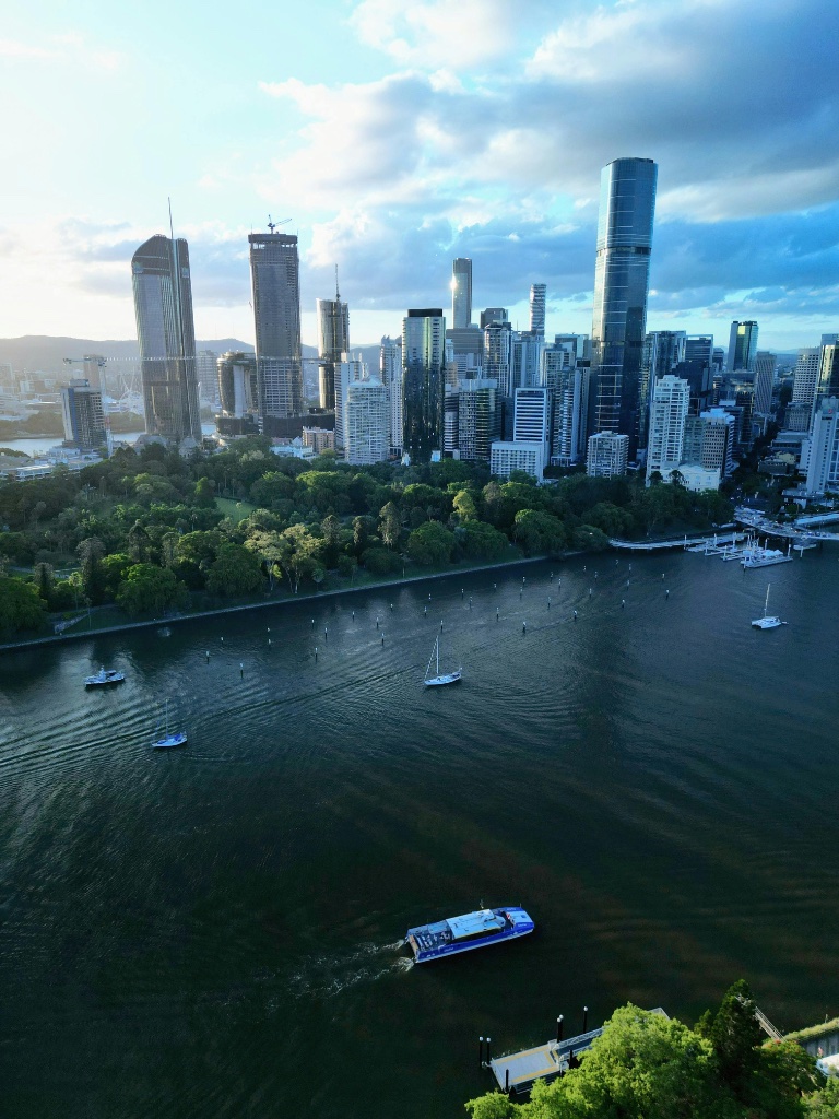 Brisbane river and CBD skyline aerial view
