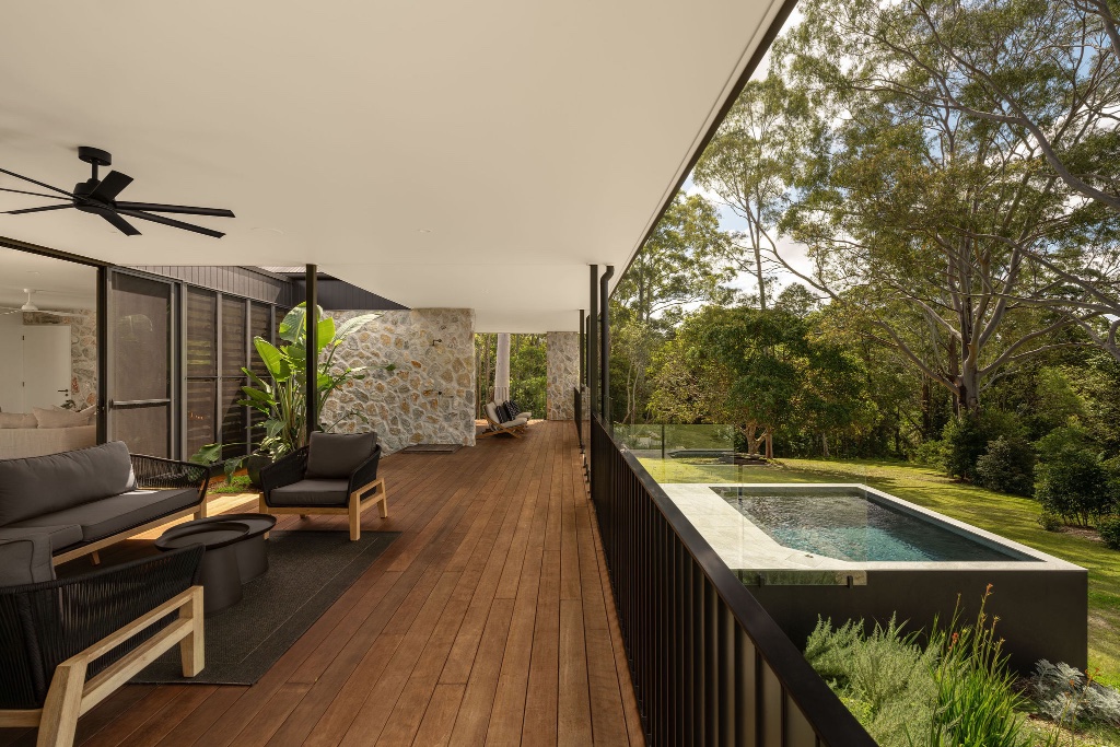 Tinbeerwah Road — deck and plunge pool with garden