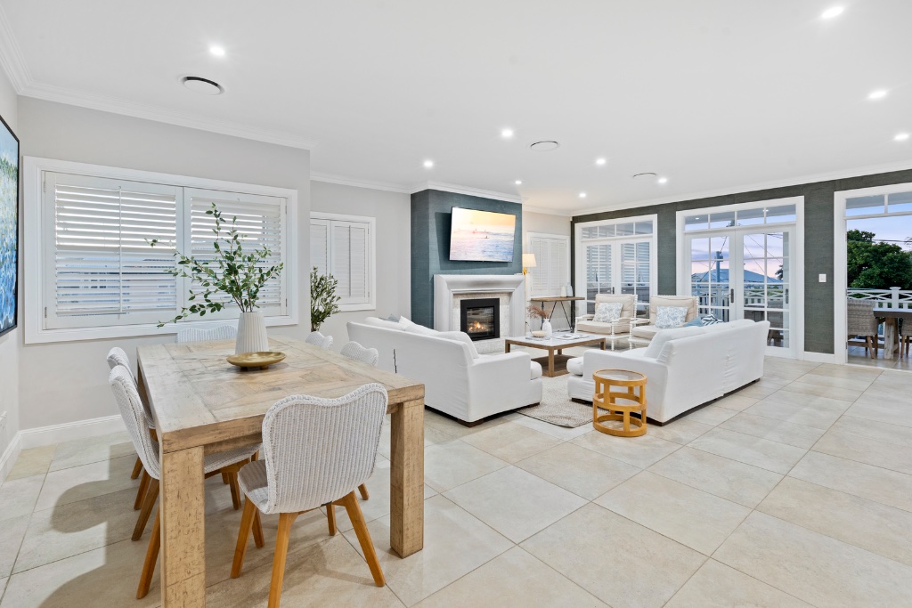 Stratton Terrace — dining and living with fireplace