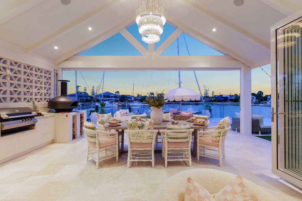 Seahaven Court — alfresco entertaining pavilion with chandelier and marina views