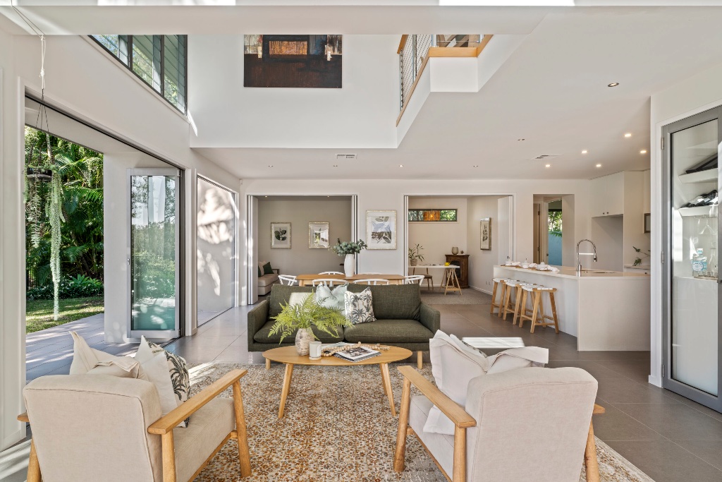 Resort residence — double-height open plan living with mezzanine
