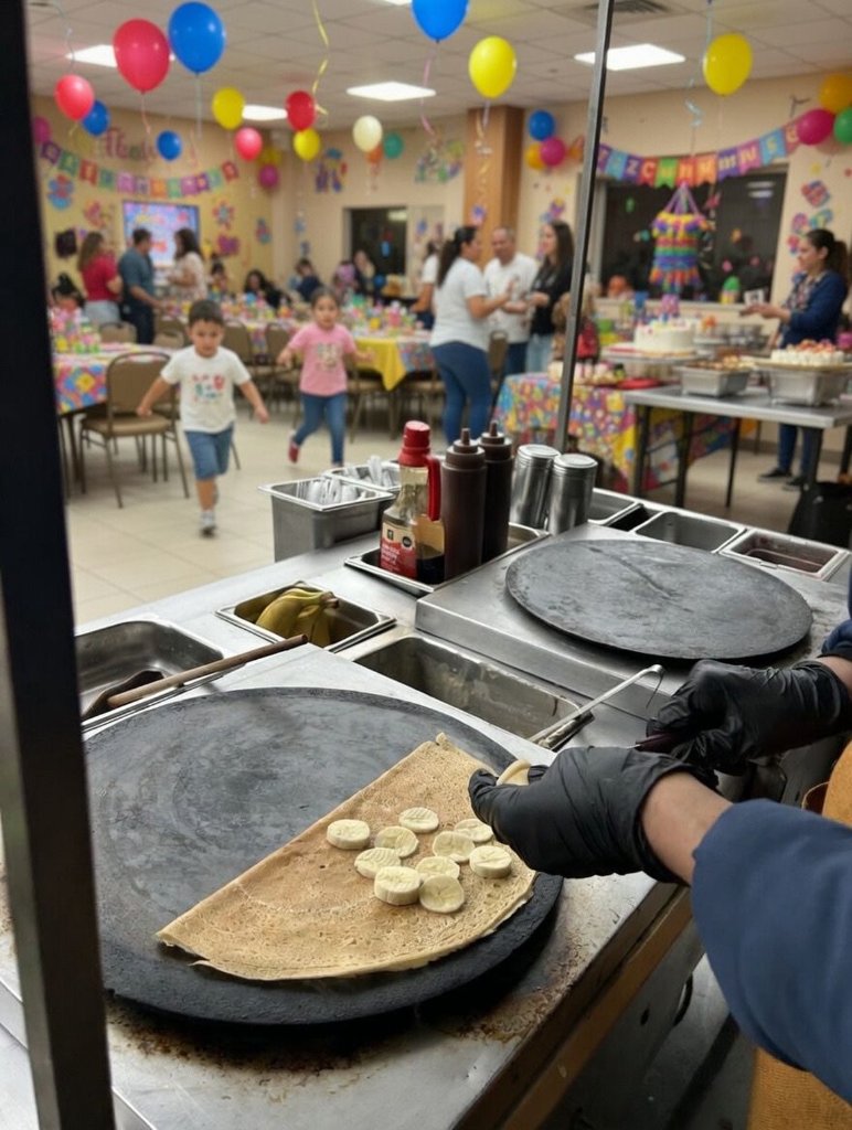Preparación de crepas en evento de cumpleaños infantil
