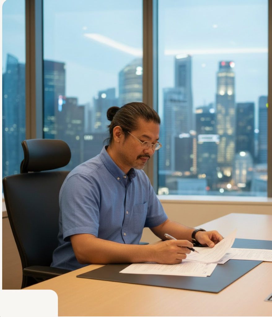 Ian Chan, Director of 5th Dimension Consulting, working at a desk with Singapore CBD skyline
