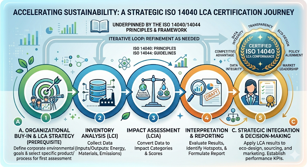 ISO 14040 LCA Certification Journey — a five-step process flow from organizational buy-in through inventory analysis, impact assessment, interpretation, and strategic integration