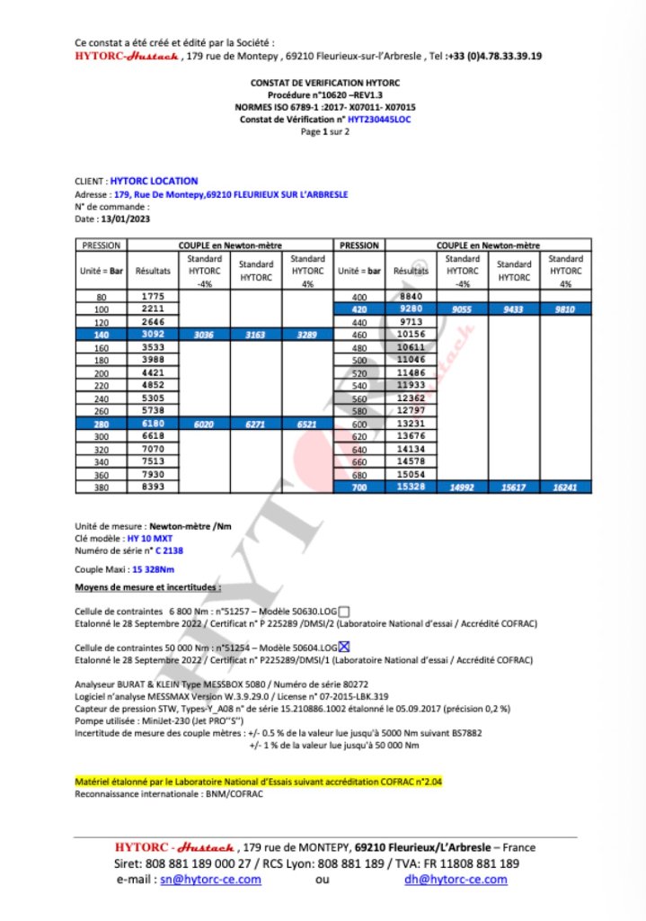 Constat de vérification HYTORC — page 1