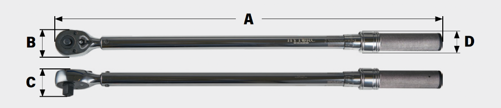 Schéma coté de la clé dynamométrique manuelle — cotes A, B, C, D