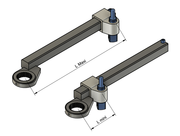 Bras TPF — schéma coté L mini 85 mm et L maxi 600 mm