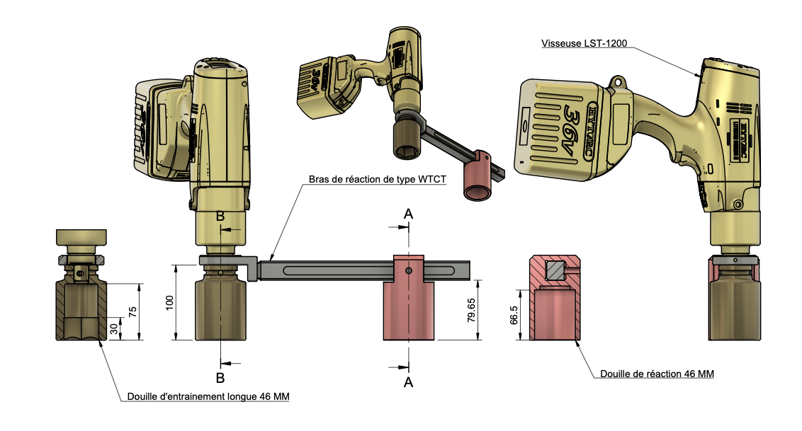 Schéma coté du bras WTCT version Pin-Cup pour vis CHC six pans creux — ensemble complet avec visseuse LST-1200 36V et douille 46 mm