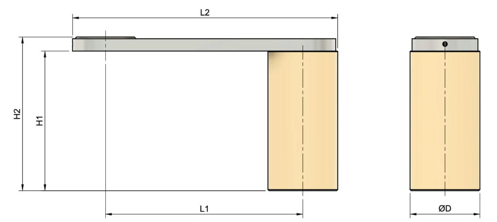 Schéma coté du bras de réaction central — cotes L1, L2, H1, H2, Ø D