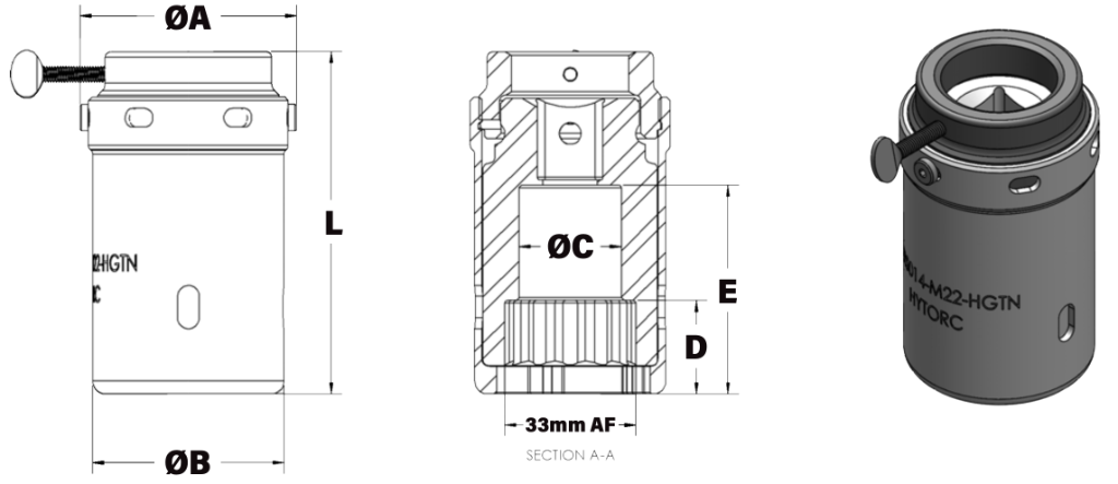 Plan technique du module HGTN-M22 — cotes ØA, ØB, ØC, L, D, E
