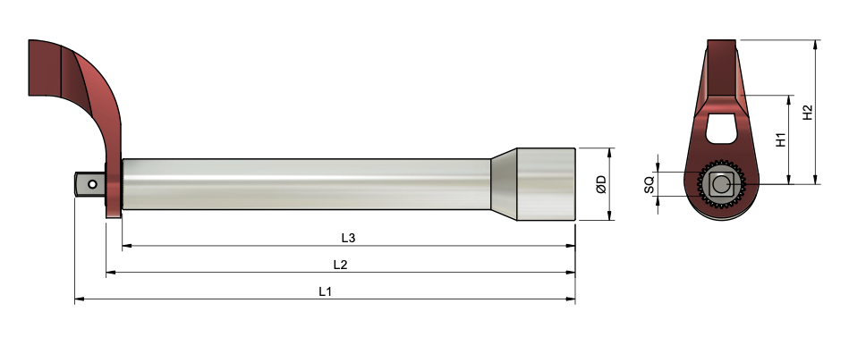 Plan technique de l'allonge standard — cotes L1, L2, L3, ØD, SQ, H1, H2