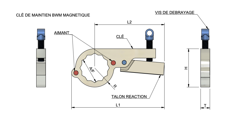 Plan technique BWM Magnétique — cotes A/F, L1, L2, R, D, T