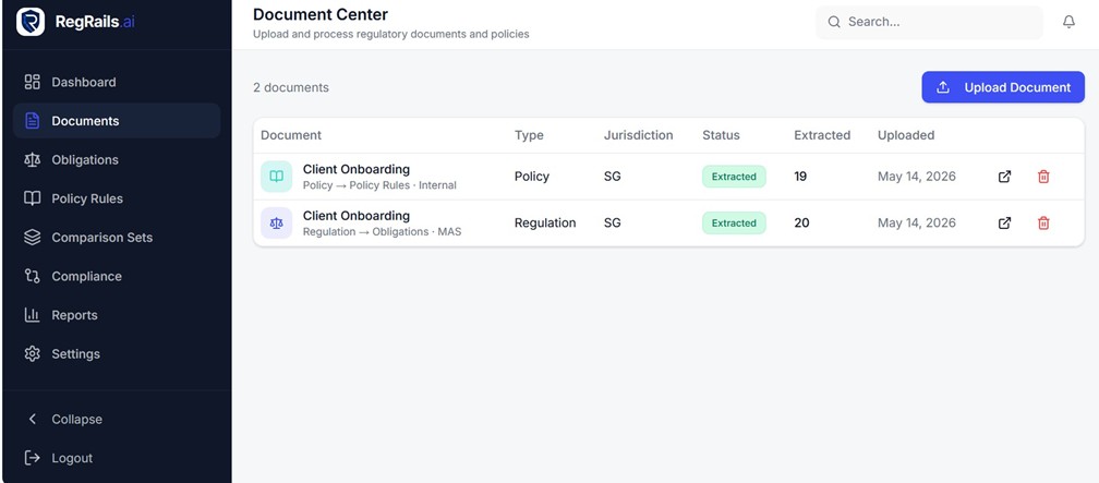 Document Center listing uploaded policy and regulation documents with type, jurisdiction and extraction status