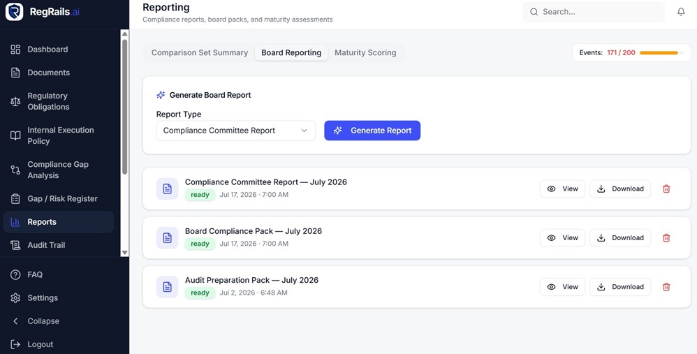Board reporting workspace generating compliance committee, board compliance and audit preparation packs