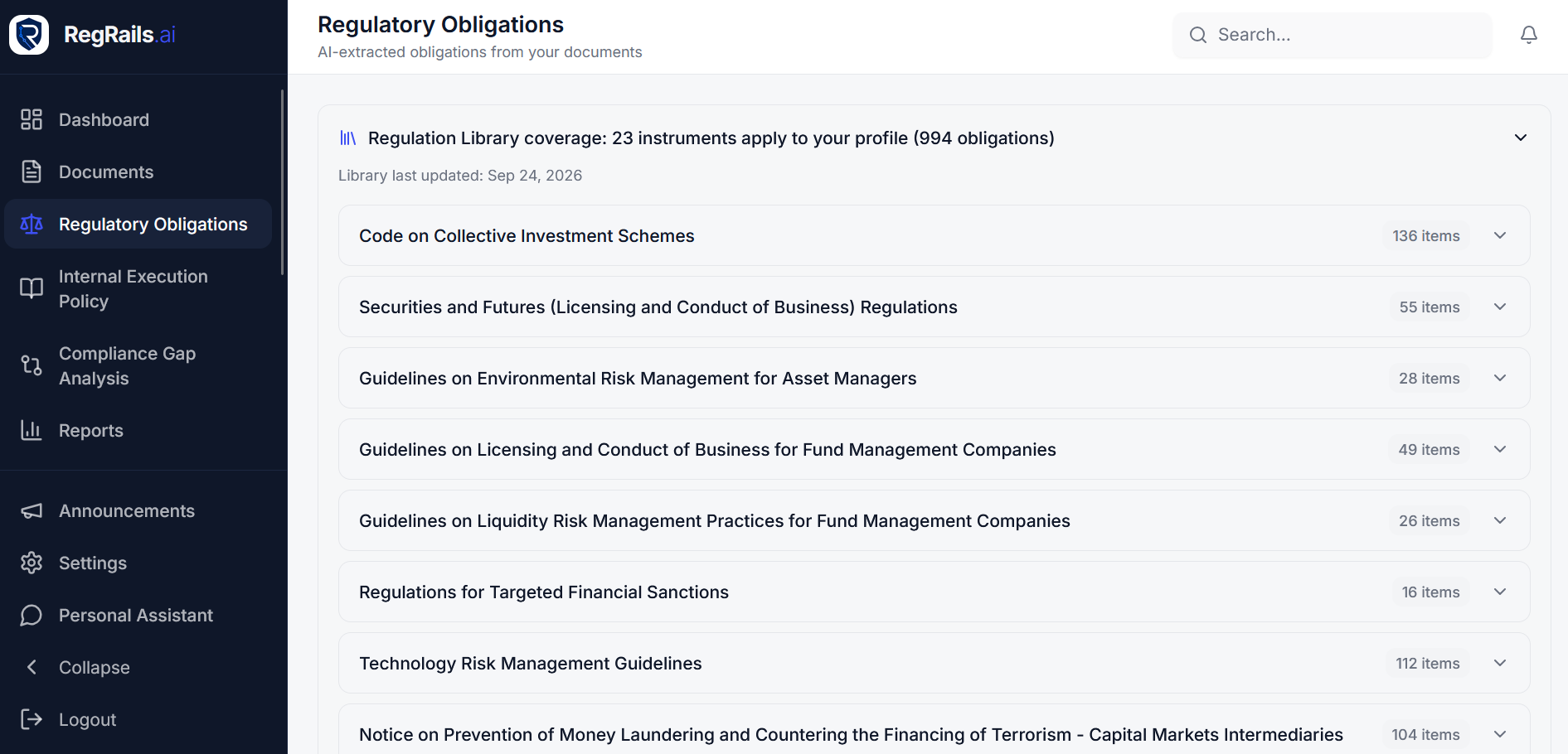 Regulatory Obligations page showing regulation library coverage and instrument list with item counts