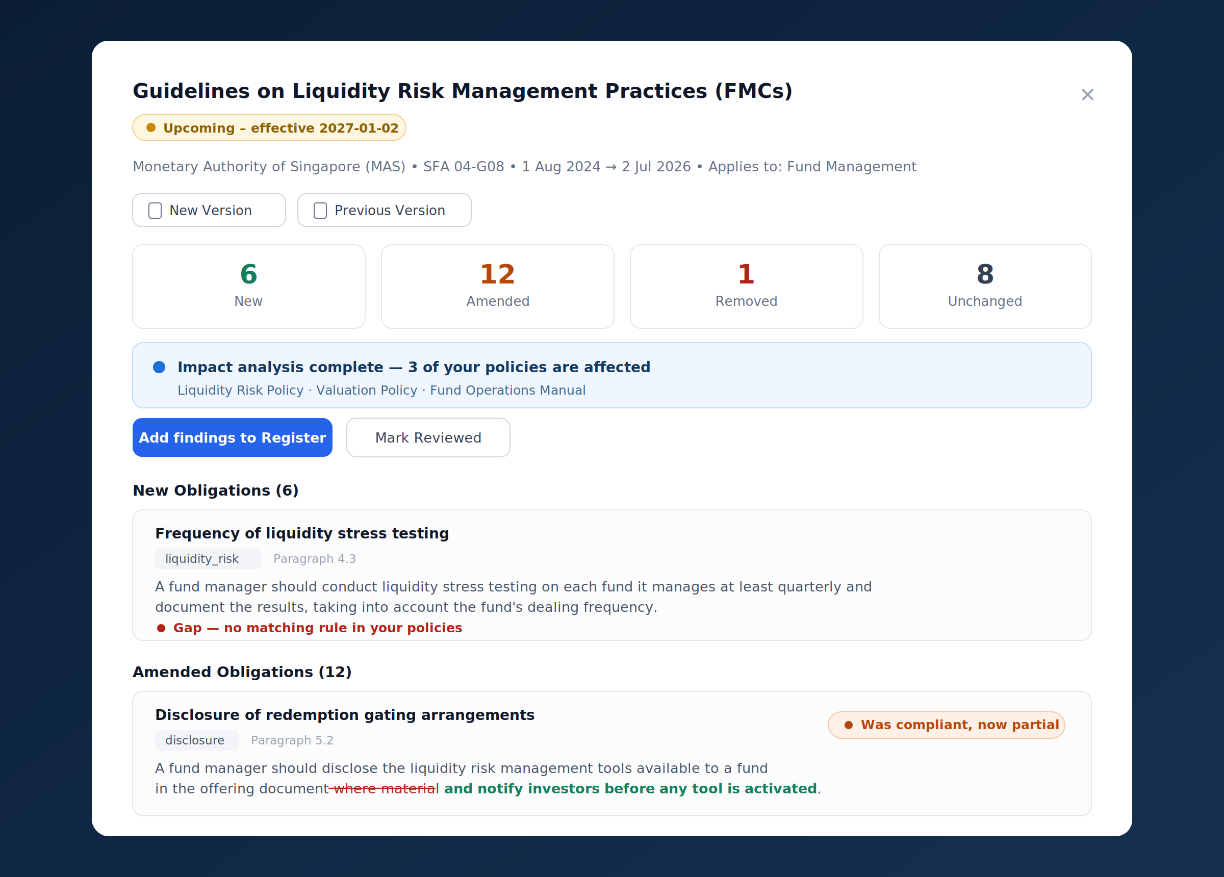 Regulatory change detail showing new, amended, removed and unchanged obligations with policy impact analysis