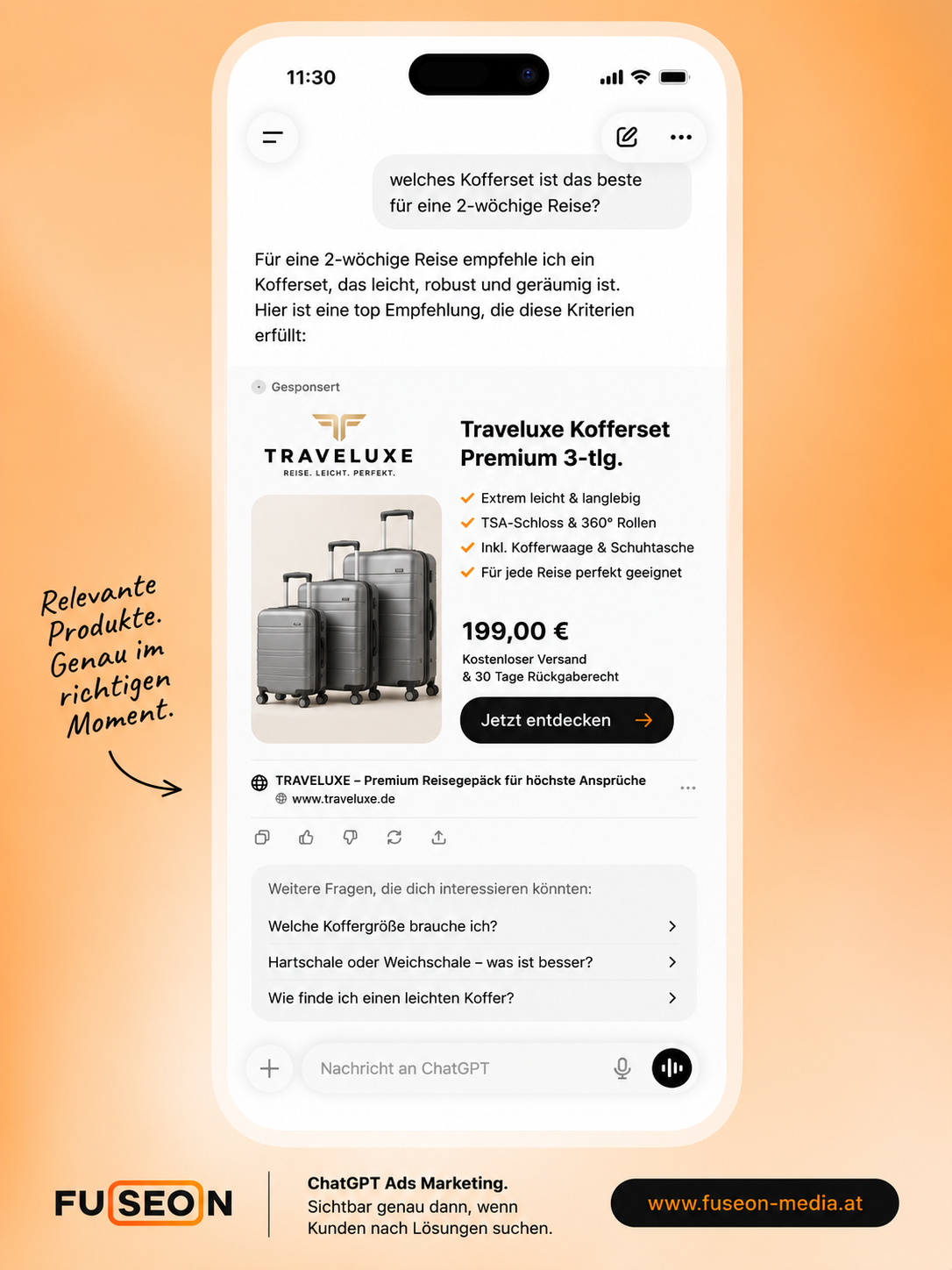 ChatGPT Ads Beispiel: Kofferset für Reisen