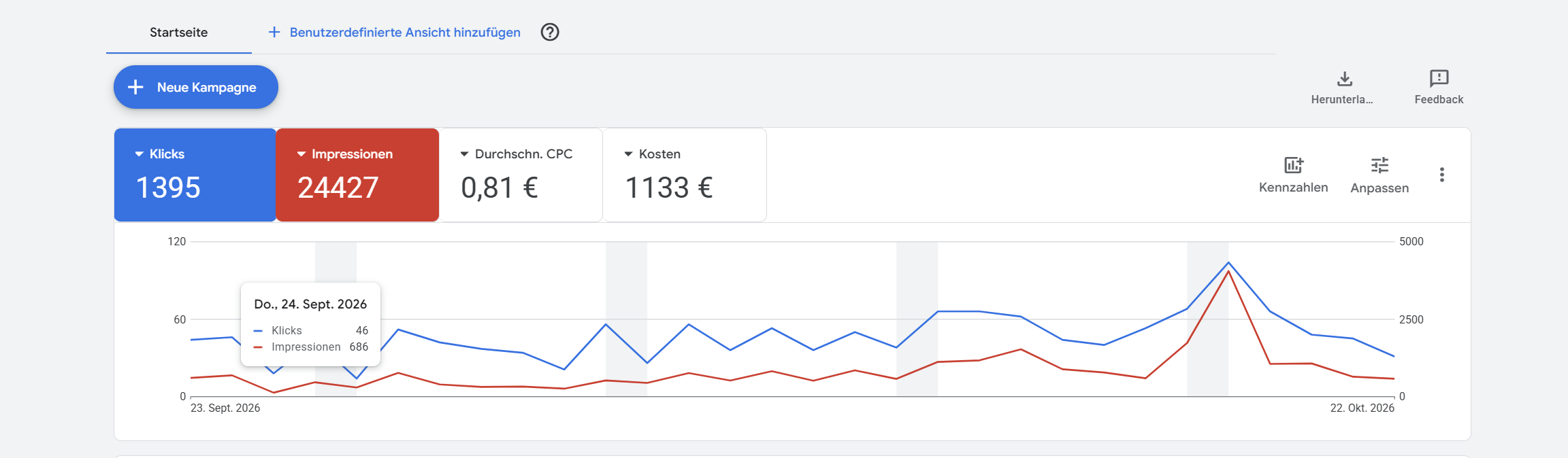 Kampagnen-Dashboard mit Klicks, Impressionen, durchschnittlichem CPC und Kosten einer Werbekampagne in Wien