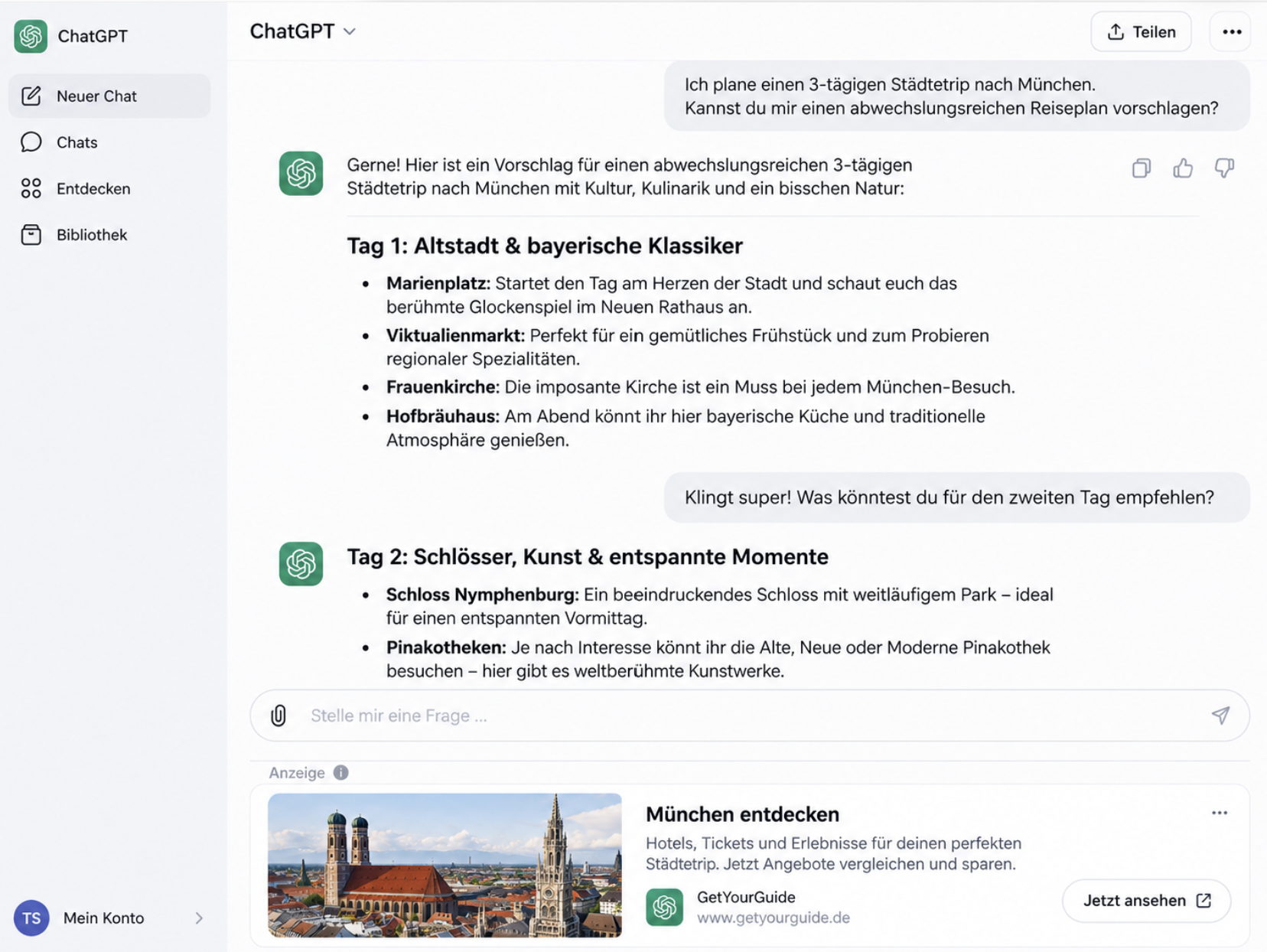 Gesponserte Anzeige in einer ChatGPT-Antwort – Werbung in ChatGPT für Unternehmen in Wien