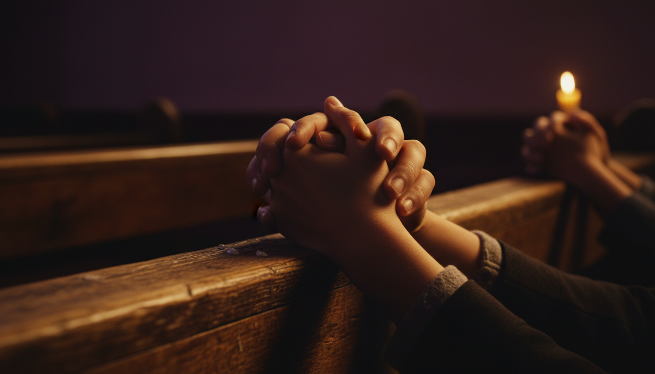 Hands joined in communal prayer with golden candlelight
