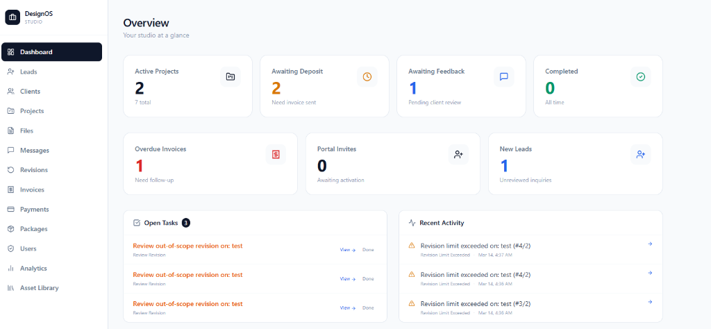 DesignOS client portal dashboard — leads, projects, invoices, and workflow overview