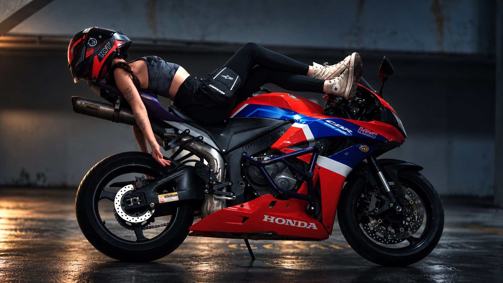 Cinematic automotive photography — rider reclining across a Honda sportbike, Just Because 22