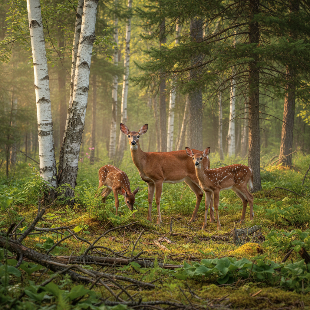 Family of white-tailed deer in a Minnesota forest