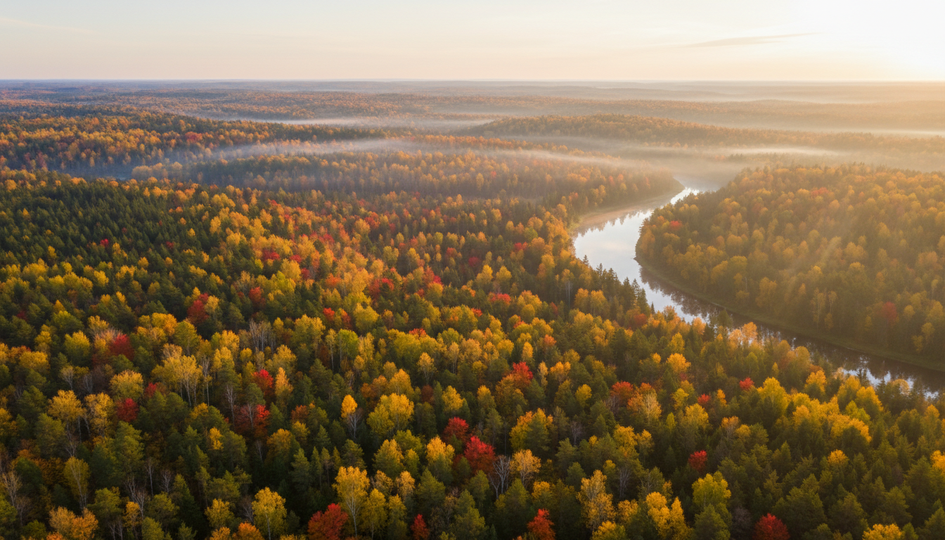 Beautiful Minnesota mixed forest in autumn with golden birch and dark green pines