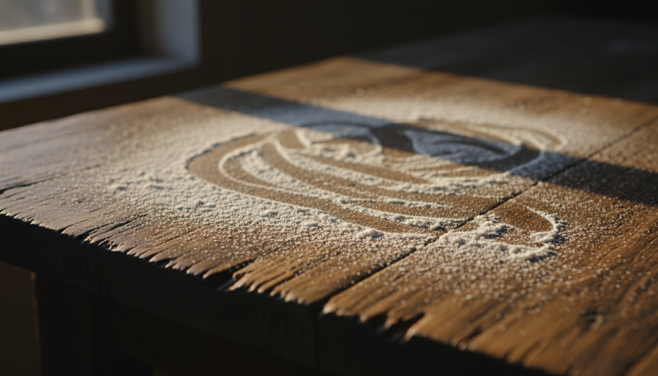 Flour-dusted wooden table in warm morning light