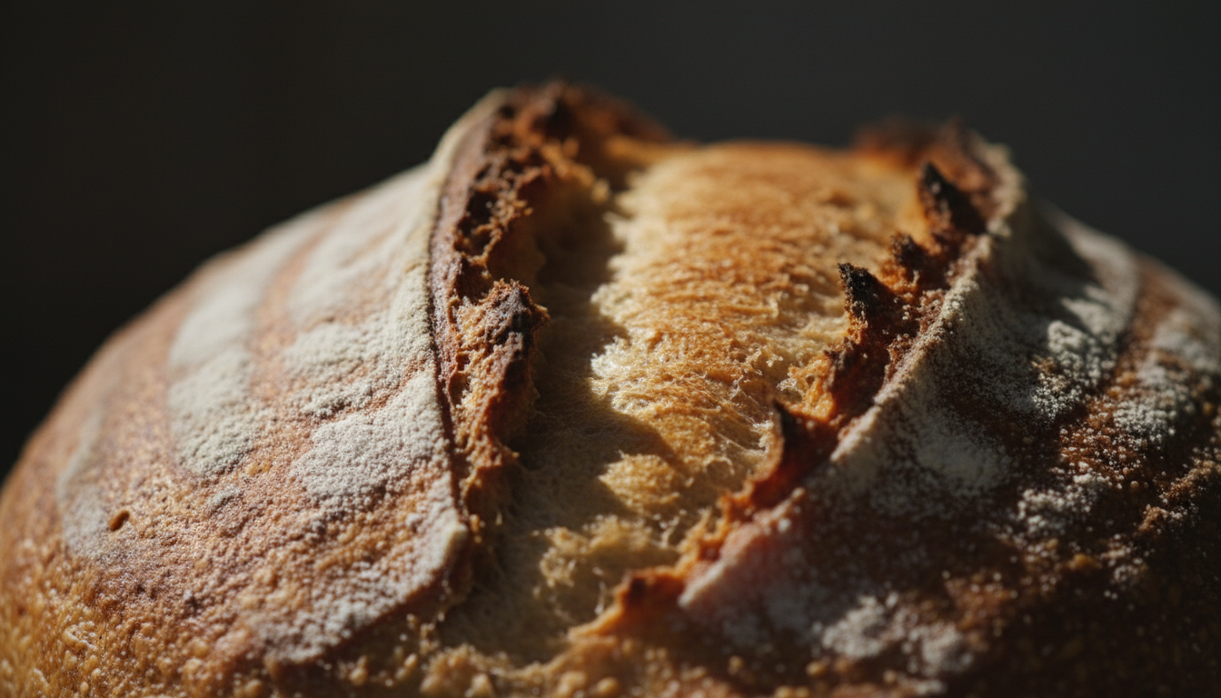 Close-up of artisan sourdough bread crust showing the scored ear detail