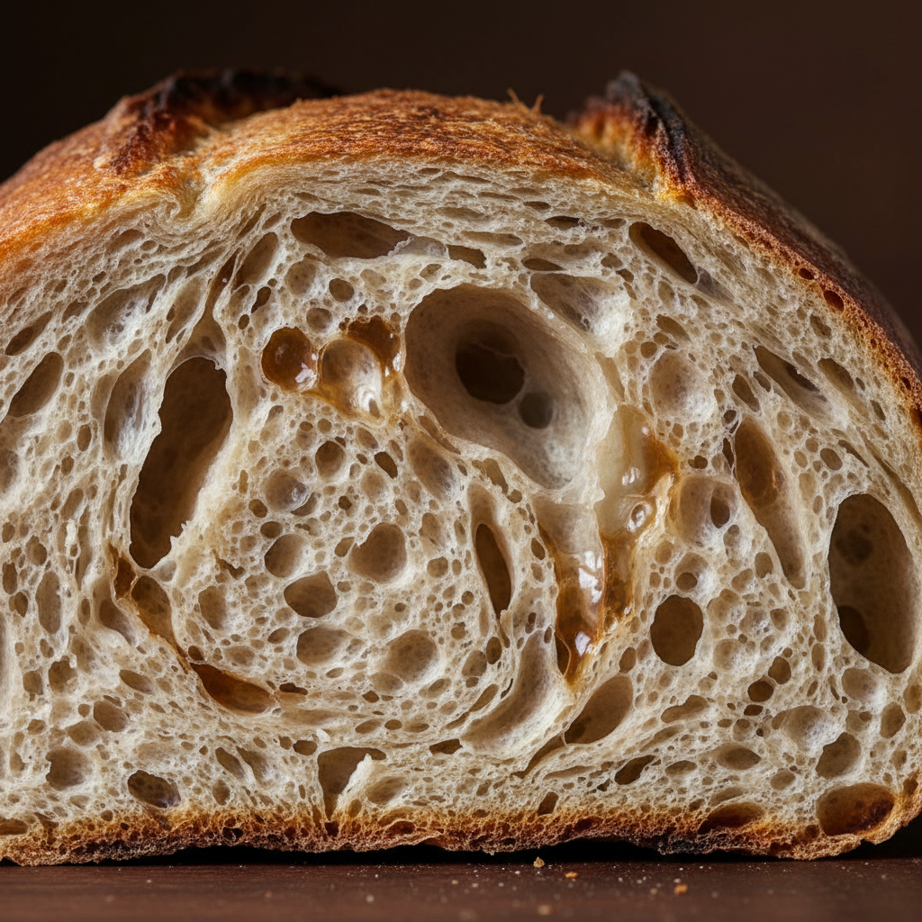 Cross-section of sourdough bread showing open crumb structure