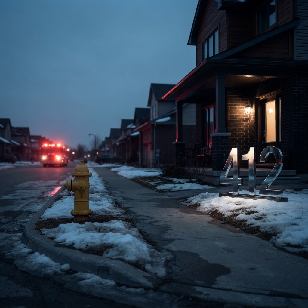 House at dusk with large reflective address numbers and a cleared fire hydrant at the curb