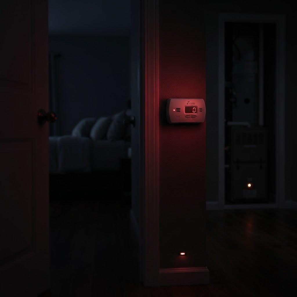 Carbon monoxide alarm glowing on a dark hallway wall outside a bedroom
