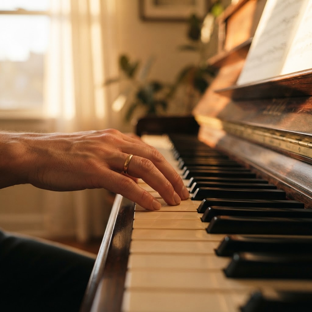 Close up of a hand resting gently on a polished piano key, s