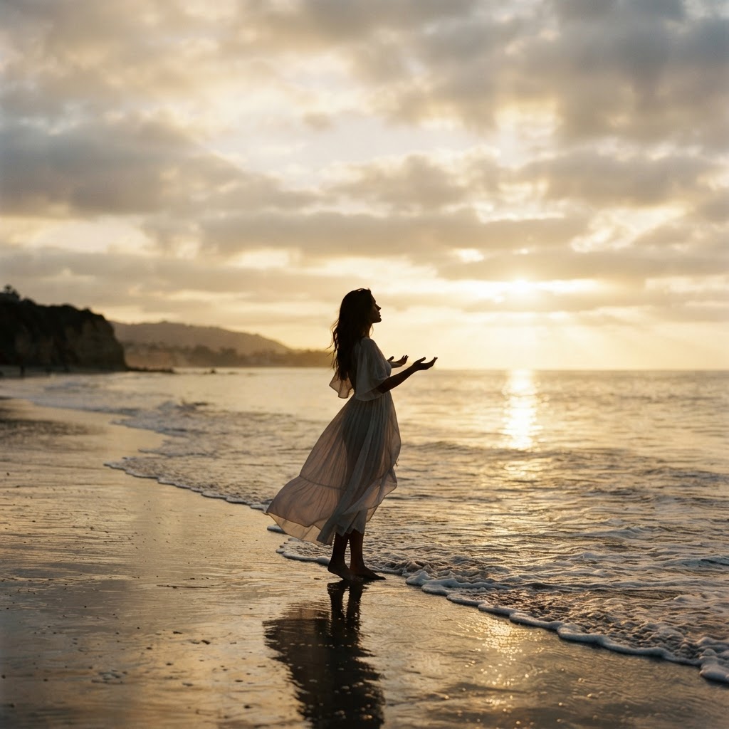 A serene, cinematic photograph of a woman's silhouette stand