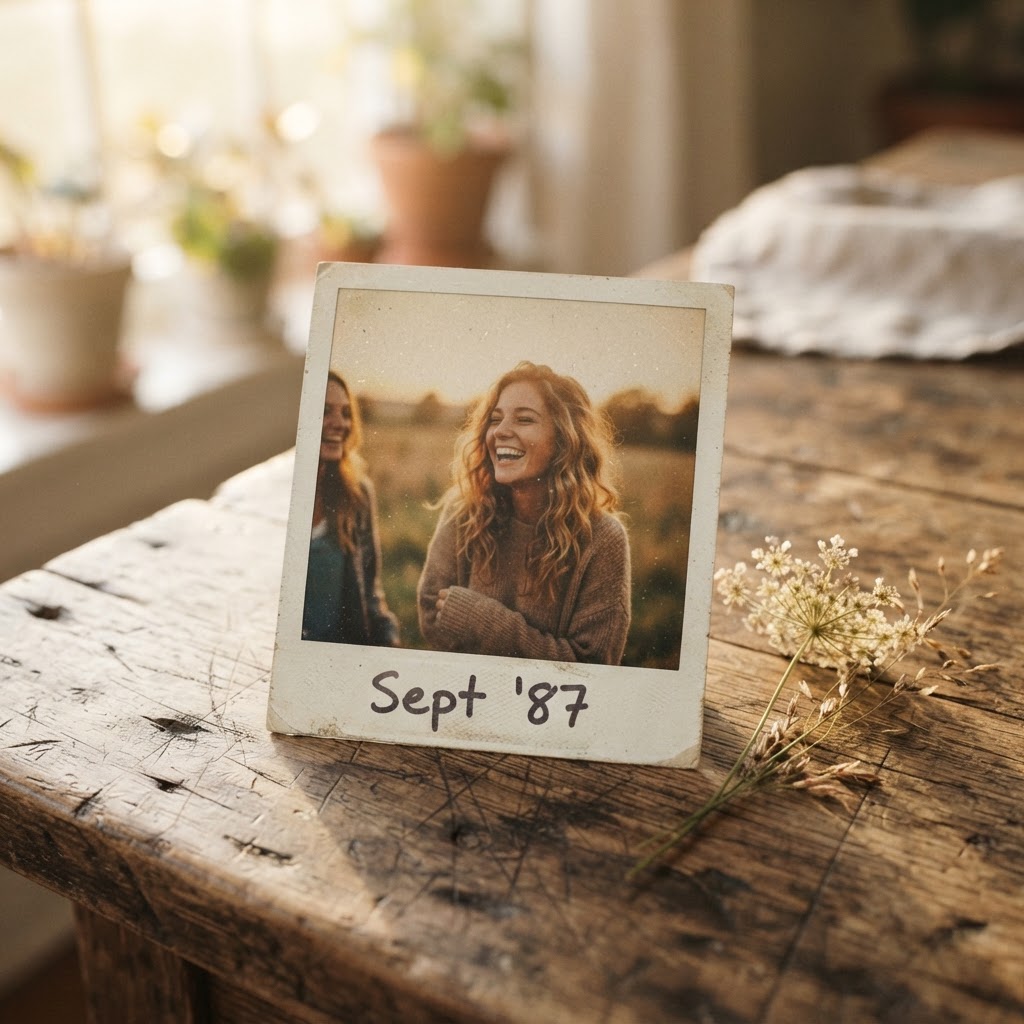 A warm, sun-drenched close-up shot of a vintage Polaroid pho