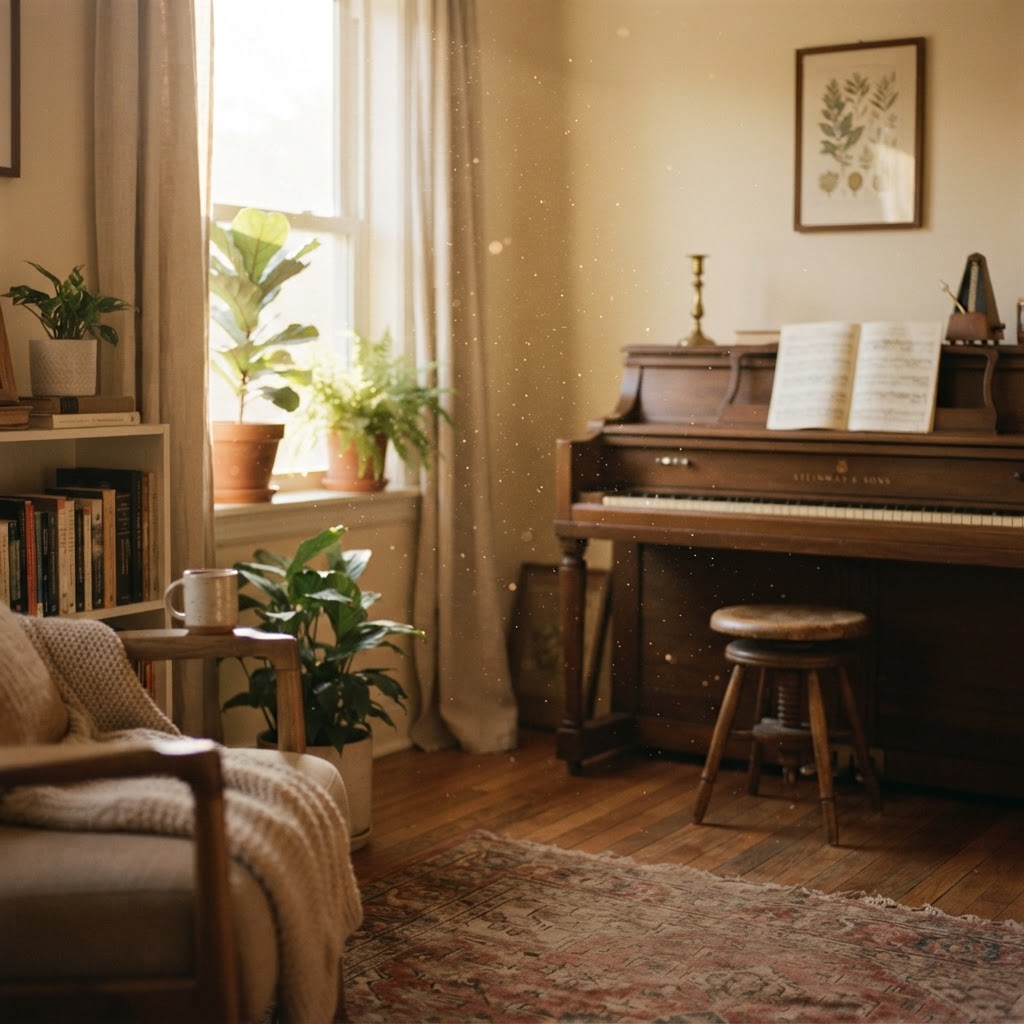 A warm, sun-drenched living room with a vintage piano in the