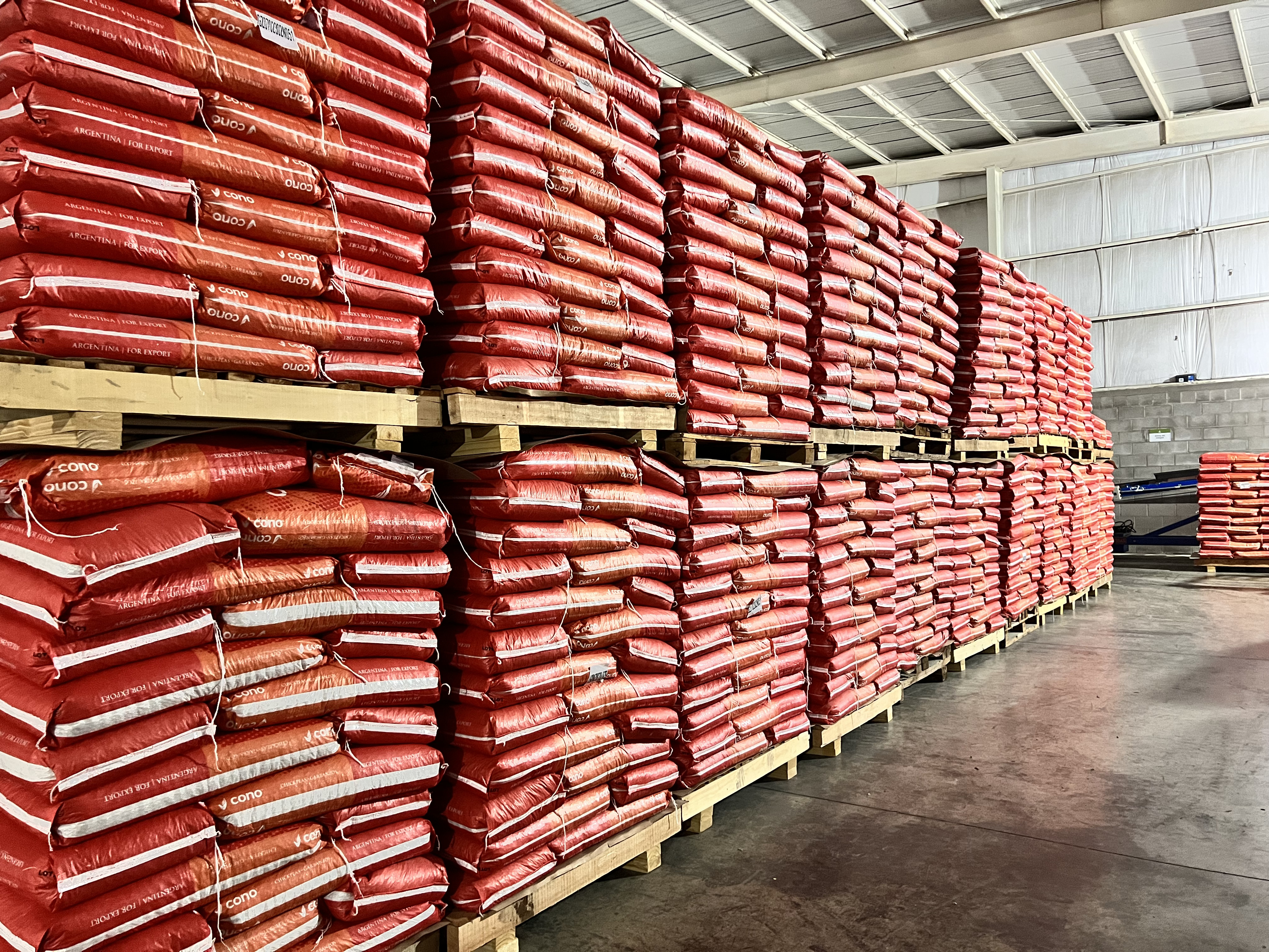 Packaged product bags stacked at the warehouse